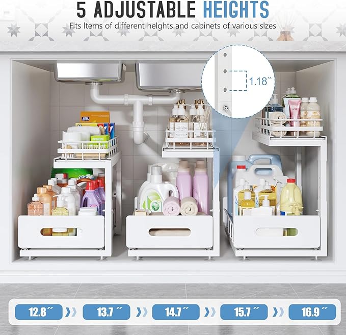 Under Sink Organizer Upgrade To Professional Rails,2-Tier Dual Pull Out Cabinet Storage,Height Adjustable Slide Out Drawers F