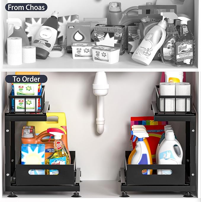 Under Sink Organizer, 2-Tier Premium Metal Pull-Out Racks with Adjustable Height, Heavy Duty Sliding Bin for Bathroom and Kit