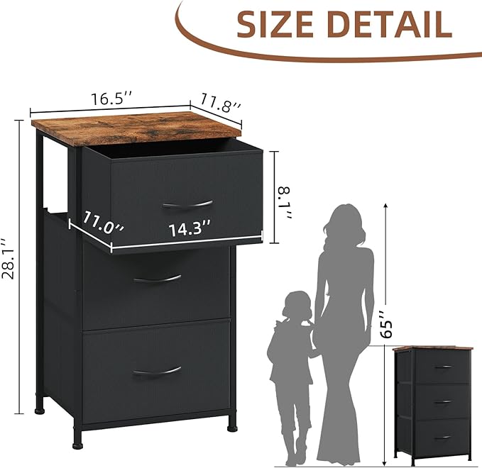 Somdot Dresser for Bedroom with 3 Drawers, Storage Organizer Chest of Drawers with Removable Fabric Bins for Closet Bedside L