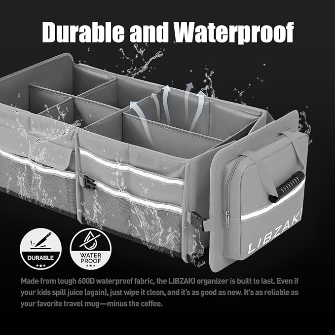 LIBZAKI Oversize 4 in 1 Car Trunk Storage Organizer, Multi Compartment Collapsible Trunk Storage Box with Cooler Bag for Car