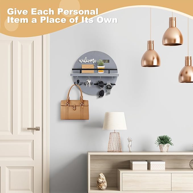 Key Holder for Wall, Key and Mail Holder Organizer with - Key Holder Wall Mount - Round Wooden Rustic Home Decor for Entryway