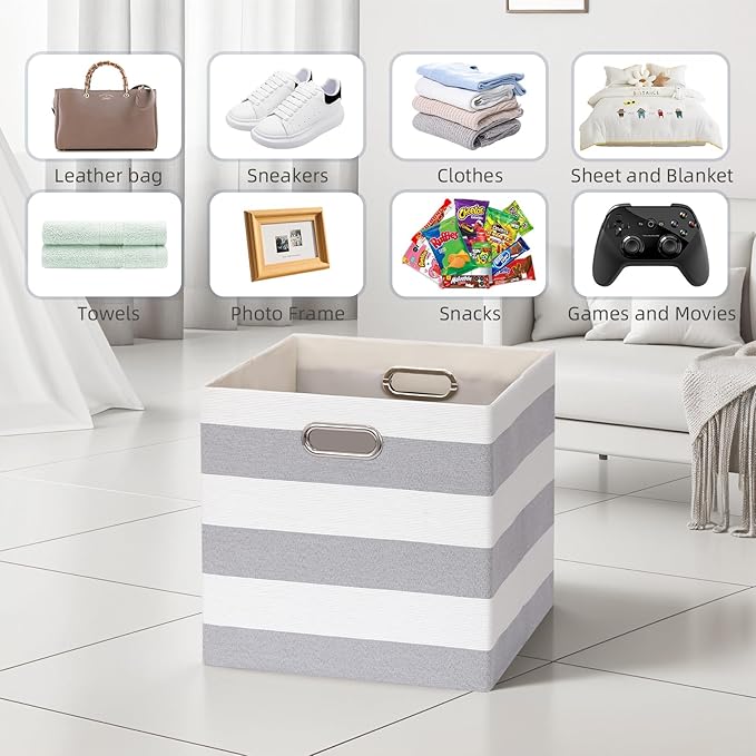 11x11 Cube Storage Bins, Collapsible Fabric Storage Cubes, Cubby Storage Organizer Bins Striped Container Baskets for Organiz