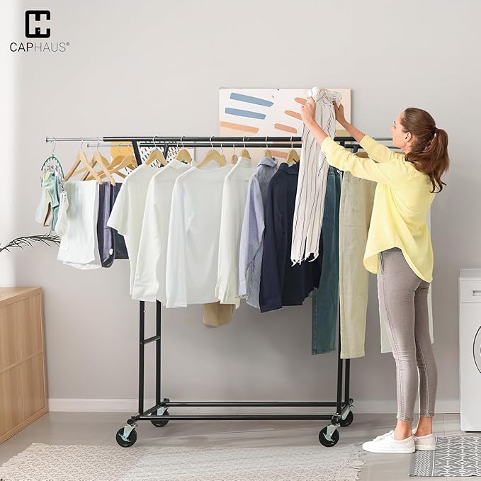 CAPHAUS Heavy Duty Clothes Rack with Double Rods, 440LBS Capacity Rolling Clothing Rack for Hanging Clothes, Adjustable Metal