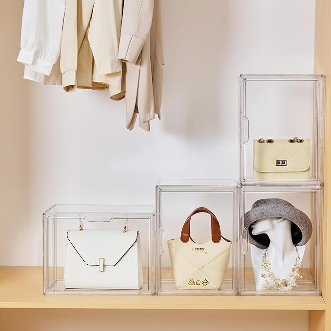 Clear Acrylic Display Case, Stackable Plastic Storage Bins with Magnetic Attraction Lid, Showcase for Cosmetic, Large Figures