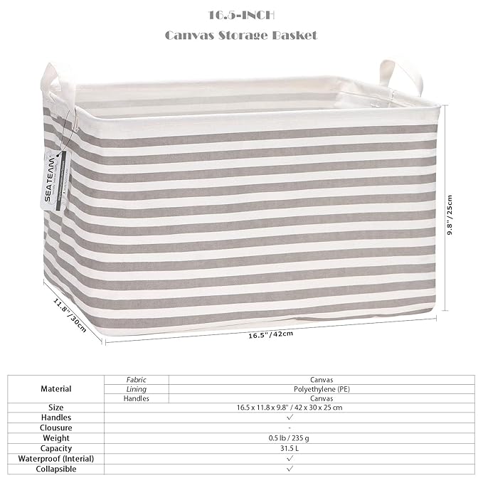 Sea Team Collapsible Canvas Fabric Storage Basket with Handles, Rectangle Waterproof Storage Bin, Box, Cube, Foldable Shelf B