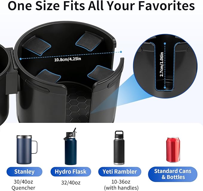 Car Cup Holder Expander W/Offset Adapter, 2-in-1 Cup Holder Extender for Large Bottles up to 4.3", Adjustable Base Fits Stanl