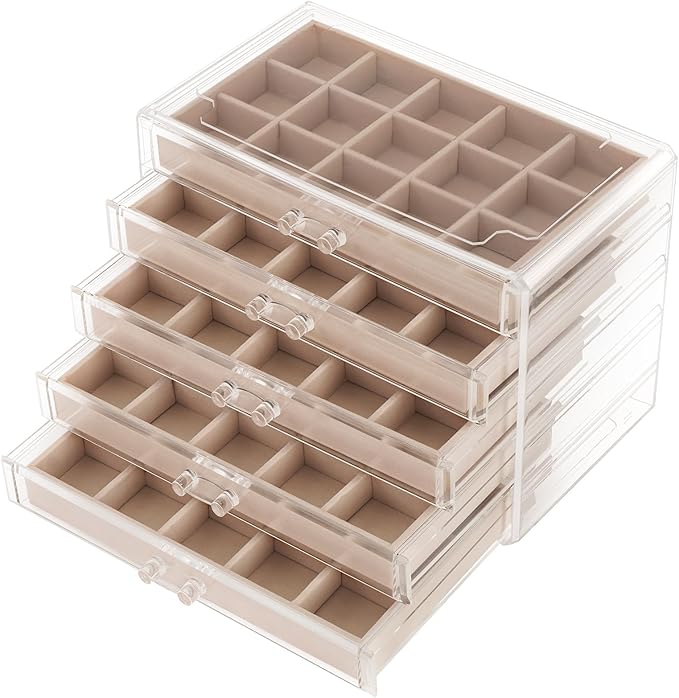 FEISCON Jewelry Box Organizer，Acrylic Storage Organizer with 5 Drawers Adjustable Velvet Trays grid size Jewelry Storage Box 