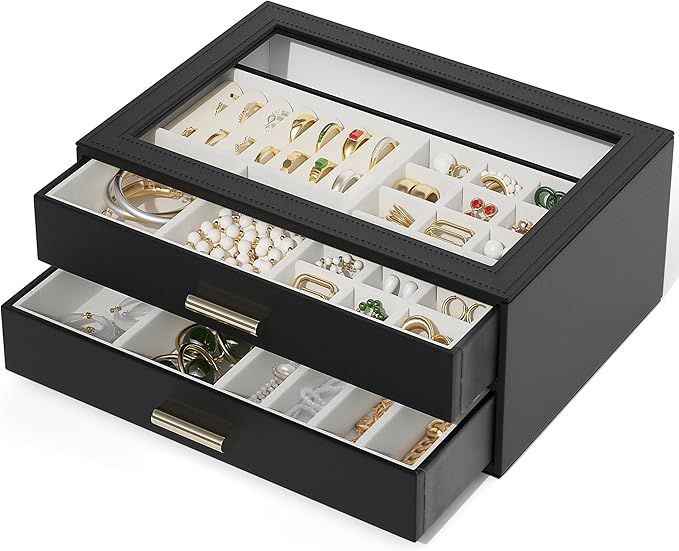 AKOZLIN Jewelry Box with Clear Lid Functional Leather Jewelry Storage Organizer Case 2 Drawers for Women Girls Necklace Ring 