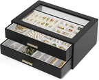 AKOZLIN Jewelry Box with Clear Lid Functional Leather Jewelry Storage Organizer Case 2 Drawers for Women Girls Necklace Ring 