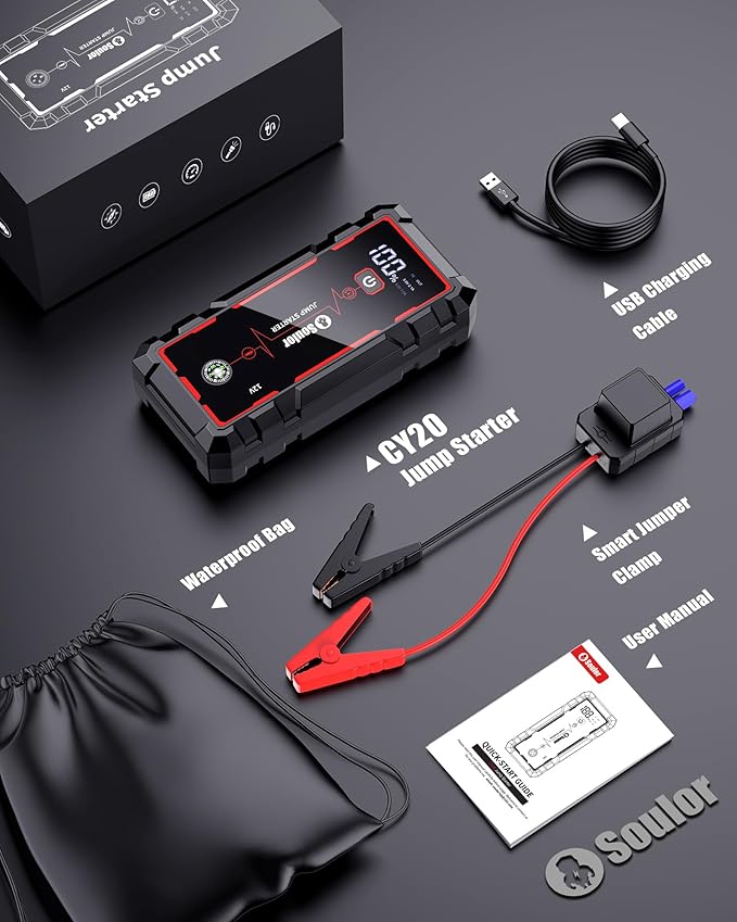 5000A Jump Starter Car Jumper Starter Portable Battery Booster Pack Jump Box with LED Display, LED Light and Jumper