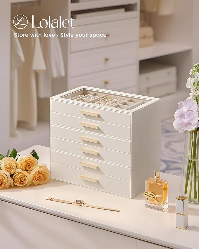 Lolalet Jewelry Box Organizer, 6-Layer Jewelry Organizers and Storage Case with Glass Lid, Ring Earring Bracelet Necklace Hol