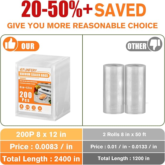 FUNFERY Precut Vacuum Sealer Bags for Food, 200 Quart 8" x 12", Food Long-Term Storage and Sous Vide Commercial-Grade Bag, BP