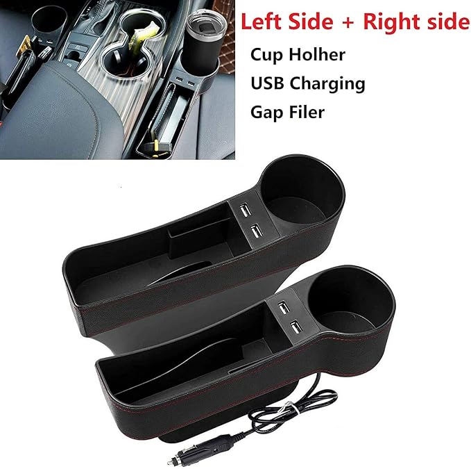 Car Seat Gap Organizer,Premium Console Side Pocket with 2 USB Charging,Leather Storage Box,Multifunctional with Dual USB Charging,Cup Holder,Car Seat Gap Filler,for Cellphones Wallet Coin Key (2 Pack)