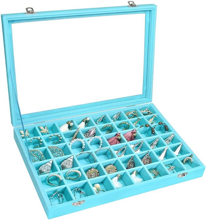 Siveit Velvet Jewelry Tray 48 Grid Jewelry Display Tray Organizer Box with Transparent Lid Rings Earrings Necklaces Pendants 