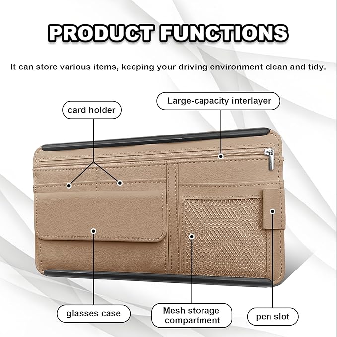 Car Sun Visor Storage Bag, Soft Leather Surface Organizer, Scratch-Resistant Auto Sunshade Organizer Bag, Can Store ID Card, Eyeglasses, Pen, Driving License etc (Beige)