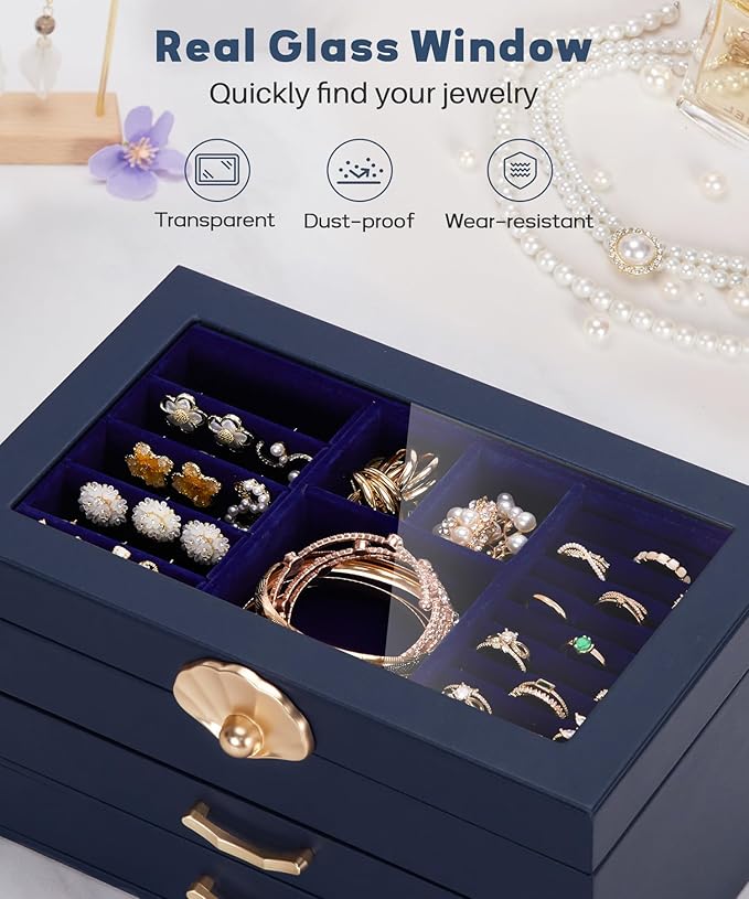 Enthralite Jewelry Box with 2 Drawers: Display Organizer for Earrings Necklaces - Gifts for Girls Women (Dark Blue)