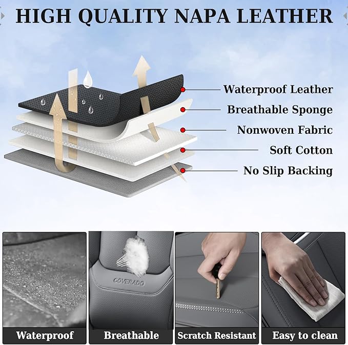 Coverado Car Seat Covers Full Set, Seat Covers for Cars, Gray Car Seat Protector Waterproof, Nappa Leather Car Seat Cushion, 