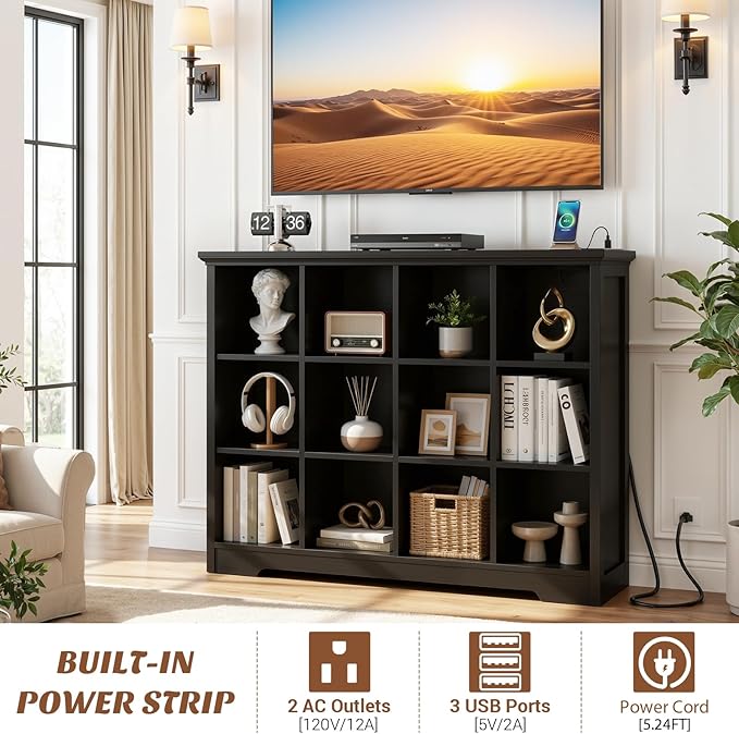 Aheaplus Wooden 12-Cube Storage Organizer with Charging Ports, Modern Cube Bookcase with Base, 4-Tier Floor Standing Open Cub