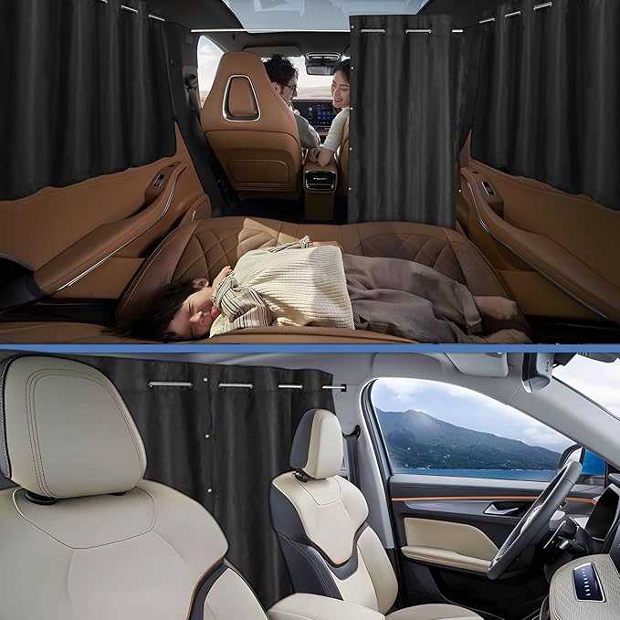 XCBYT Car Privacy Divider Curtains (3-Pack), Rigid Rod-Mounted Total Blackout Set - No Sag, No Strings - Rear Seat Divider & Side Window Shades for Car Camping, Baby Naps
