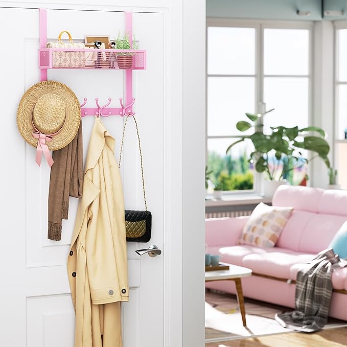 Consumest Over The Door Hooks Organizer - Over Door Hanger with 16 Hooks & 2 Baskets for Hanging Coat, Clothing, Towel, Back 