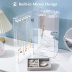 Lolalet Necklace Holder Organizer, Acrylic Jewelry Organizer with 24 Hooks, Rotating Clear Necklaces Display Box with Built-i