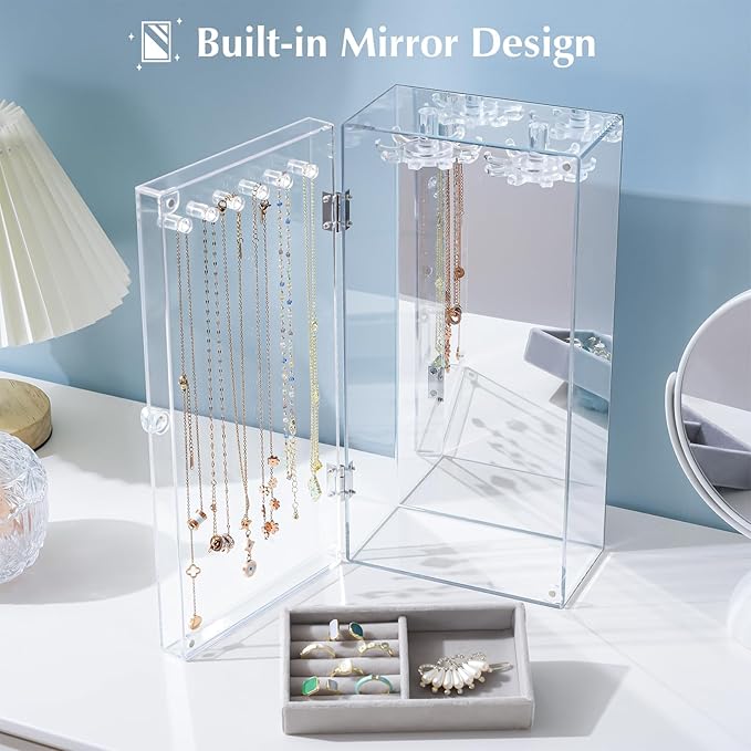 Lolalet Necklace Holder Organizer, Acrylic Jewelry Organizer with 24 Hooks, Rotating Clear Necklaces Display Box with Built-i