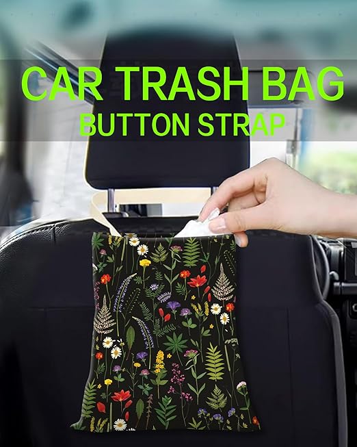 Car Trash Can, Durable Hanging Car Trash Garbage Bag, Cute Automotive Garbage Cans Organizer, Cute Boho Black Flowers