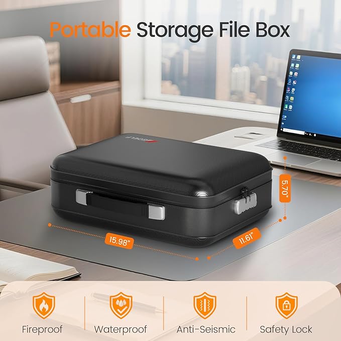 Fireproof Document Box with Lock, 5200°F Fireproof Water Resistant Hard Case File Organizer Safe Box for Important Documents,