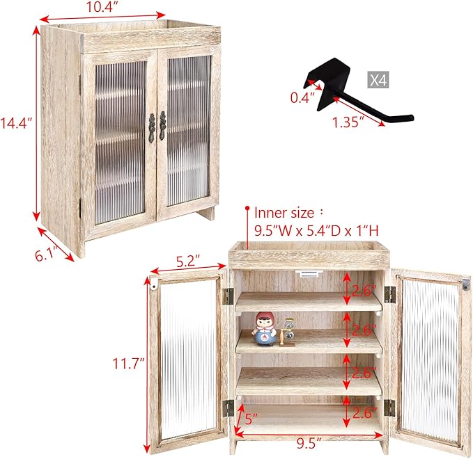 Ikee Design Wooden Countertop Storage Cabinet with Wavy Magnetic Door, Adjustable Shelves, Removable Hooks. Perfect for Perfu