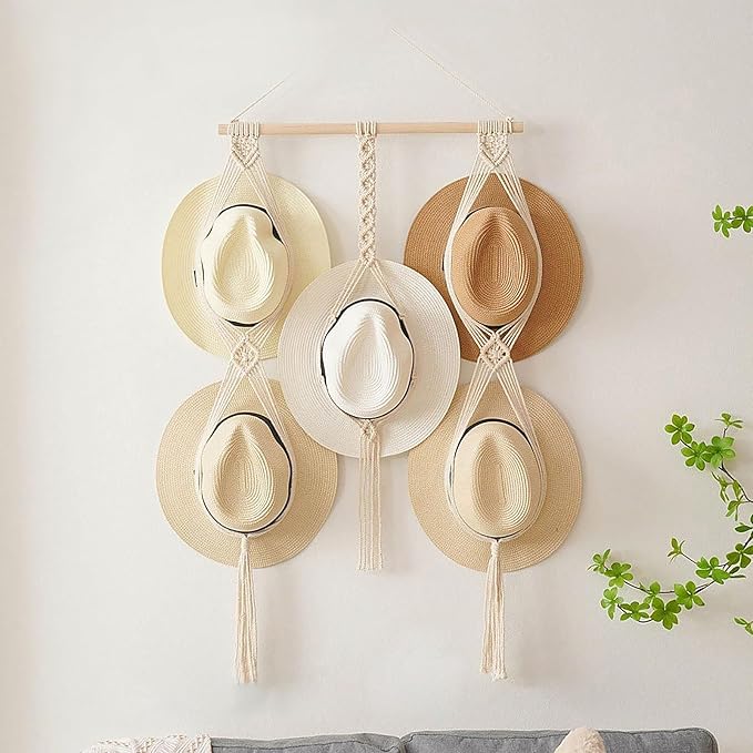 Tissting Macrame Hat Hangers Boho Hat Rack for Wall Hat Holder Display Organizer Bobo Hanging Hat Organizer Storage for Wide 