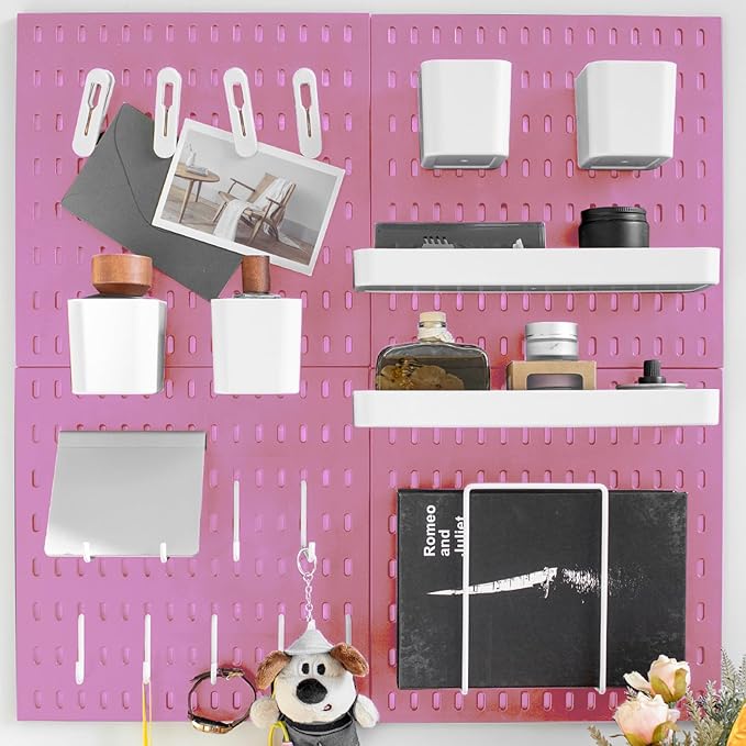 Wall-Mounted Pegboard Kit, 25.2" x 25.2" Organizer Panel – Large, Cost-Effective & Nail-Free Installation Pink
