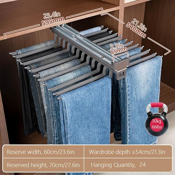 Pull Out Trouser Rack 16-24 Arms, Double Row Hanger, Extendable Pants Holder Sliding Closet Hanger Rail for Pants Clothes Org