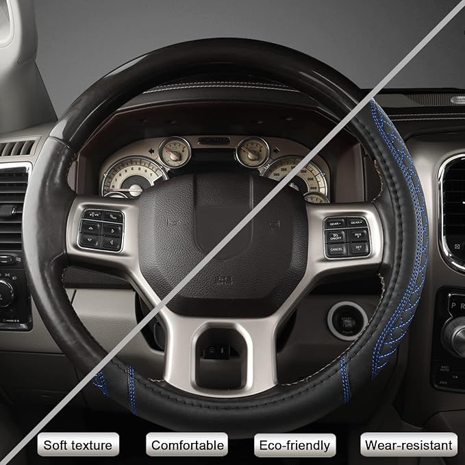 West Llama Customized Auto Car Steering Wheel Cover for Dodge RAM 1500 2500 3500, 15.5-16 inch (Diamond Quilted-Black+Blue-La