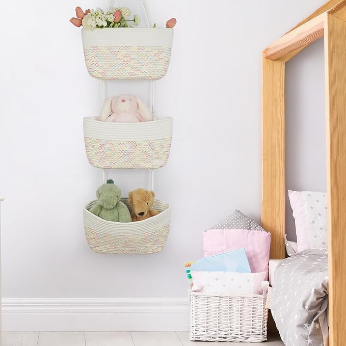 TeoKJ Over the Door Hanging Basket, 3-Tier Woven Cotton Wall-Mounted Storage Organizer Bag Decorative Hanging Nursery Baskets