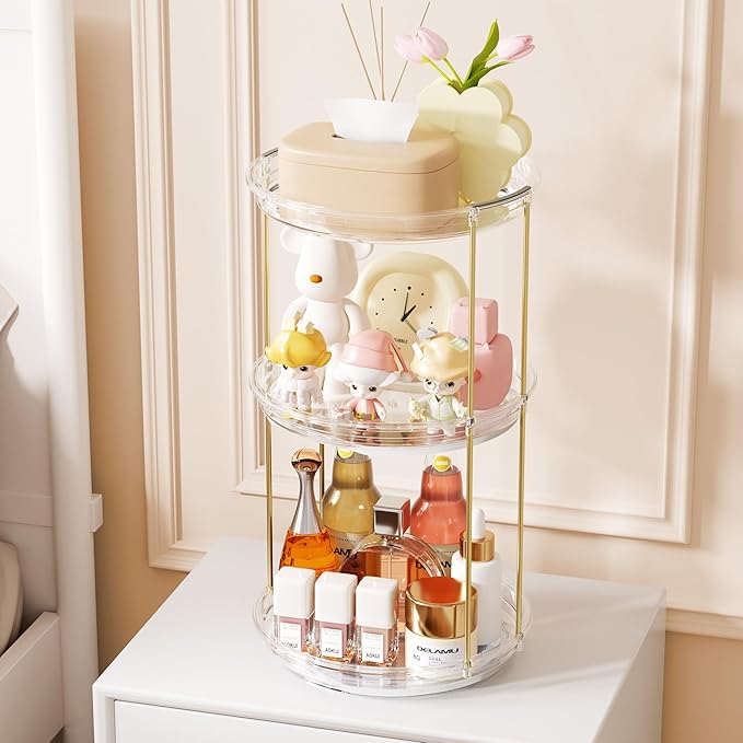 Delamu 3 Tier Rotating Makeup Organizer for Vanity, Skincare Organizer for Bathroom Counter, Spinning Perfume Organizer Cosme