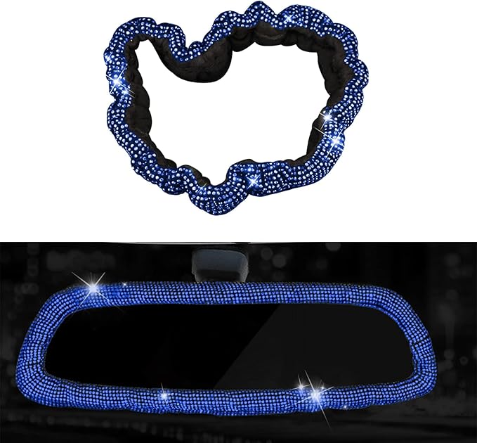 Bling Car Rearview Mirror Cover, Women's Full Drill Head Pillow Cover, Crystal Rhinestone Bling Car Interior Accessories for Women Universal Fit - blue