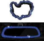 Bling Car Rearview Mirror Cover, Women's Full Drill Head Pillow Cover, Crystal Rhinestone Bling Car Interior Accessories for Women Universal Fit - blue