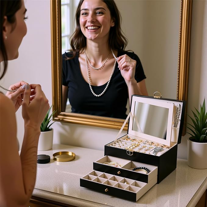 3 Layer Jewelry Boxes for Women with Mirror Large Jewelry Holder Organizer with 2 Jewelry Organizer Drawer PU Lockable Elegan