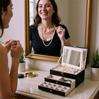 3 Layer Jewelry Boxes for Women with Mirror Large Jewelry Holder Organizer with 2 Jewelry Organizer Drawer PU Lockable Elegan
