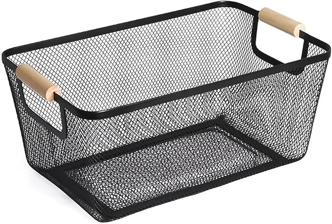 AJIODA Metal Mesh Steel Basket, Medium Wire Storage Organizer Basket Multi-function Hanging Kitchen Basket with Wood Handle f