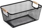 AJIODA Metal Mesh Steel Basket, Medium Wire Storage Organizer Basket Multi-function Hanging Kitchen Basket with Wood Handle f