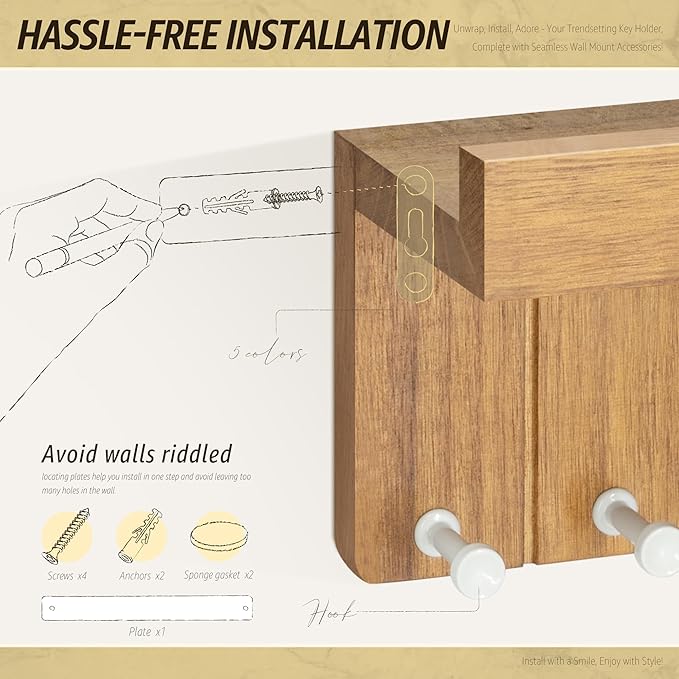 Rebee Vision Decorative Key Holder Wall Mount - Modern Farmhouse Key and Mail Holder for Wall with 7 Hooks and Floating Shelf