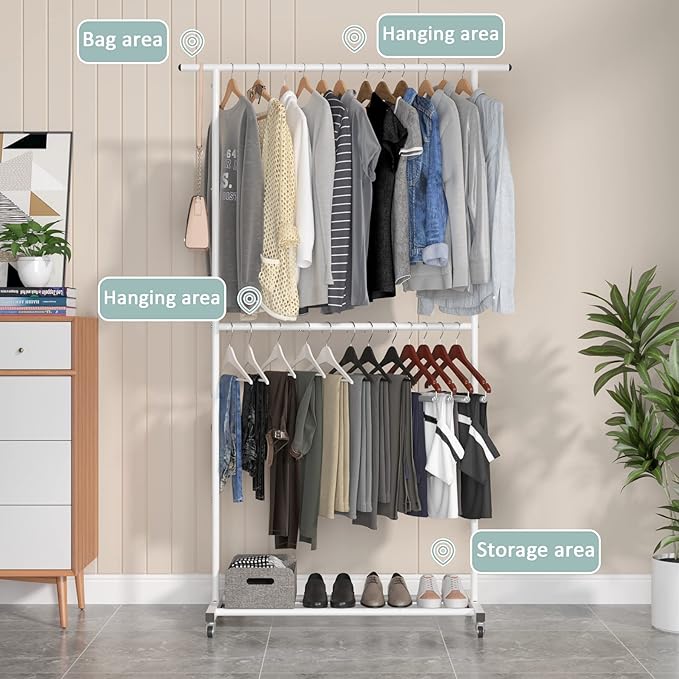 Sywhitta Double Rod Clothing Garment Rack, Rolling Clothes Organizer on Wheels for Hanging Clothes, Easy to Assemble, Adjusta
