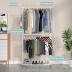 Sywhitta Double Rod Clothing Garment Rack, Rolling Clothes Organizer on Wheels for Hanging Clothes, Easy to Assemble, Adjusta