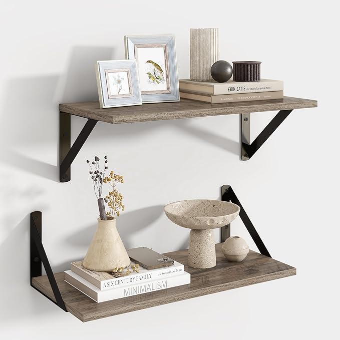 Axeman Floating Shelves for Wall, 16W x 8D Floating Shelves Set of 2, 8 Inch Deep Rustic Grey Wood Wall Mounted Shelves for F