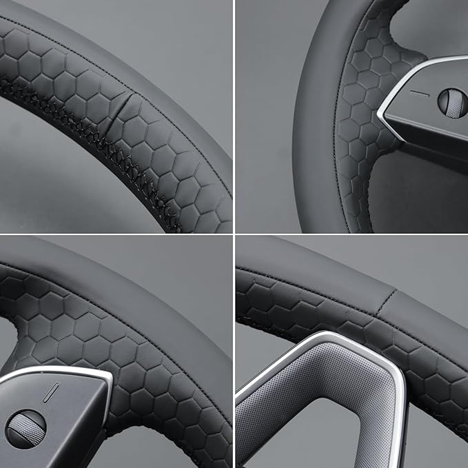 MEWANT DIY Stitching Real Leather Steering Wheel Cover Wrap for Tesla Model 3 Highland 2023-2025/Model Y 2025 Highland for Tesla Model 3/Model Y Accessories(3D Style)