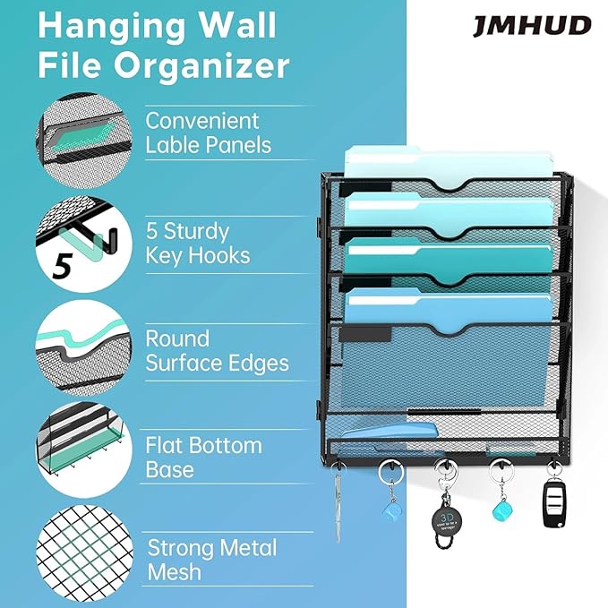 2 Pack 5 Tier Wall File Organizer - Hanging File Organizer with 5 Hooks, Mail Holder Wall Mounted for Papers, Folders, Magazi