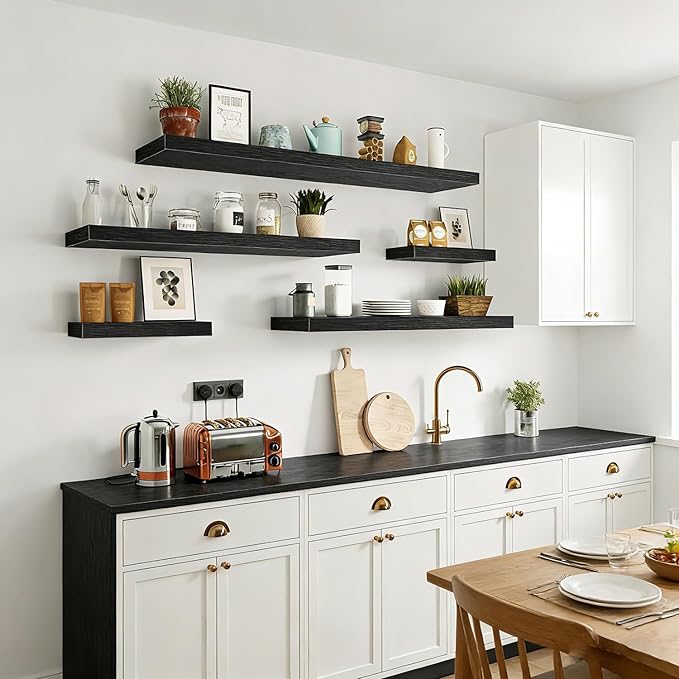 Solid Wood Floating Wall Shelves, Wall Mounted Display Bookshelf for Bedroom, Bathroom, Kitchen, Living Room, Decor Wall,Set 