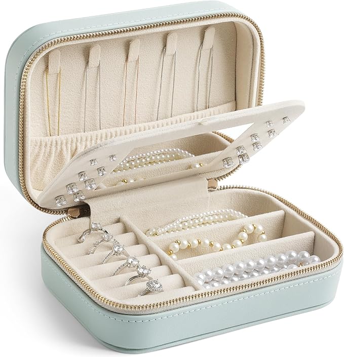 Genuine Leather Travel Jewelry Organizer Case with Mirror for Women, Small Mini Portable Jewelry Box for Ring Earrings Neckla