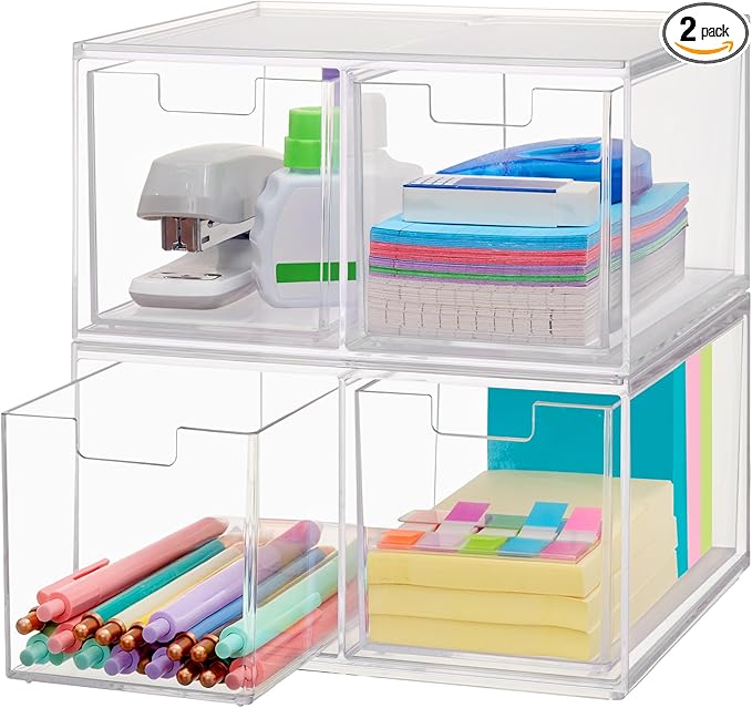 STORi Chloe Space-Saving Clear Drawer Organizer (4 Tall Drawers) Sort Office, Kitchen, Beauty Supplies, Makeup, Pens, Jewelry